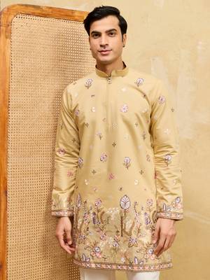 YELLOW VISCOSE SILK THREAD & SEQUINS EMBROIDERED WORK WEDDING FESTIVAL MARRIAGE PARTY WEAR STRAIGHT MENS KURTA 2