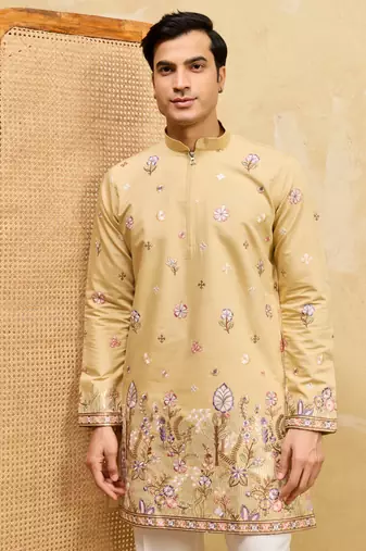 YELLOW VISCOSE SILK THREAD & SEQUINS EMBROIDERED WORK WEDDING FESTIVAL MARRIAGE PARTY WEAR STRAIGHT MENS KURTA