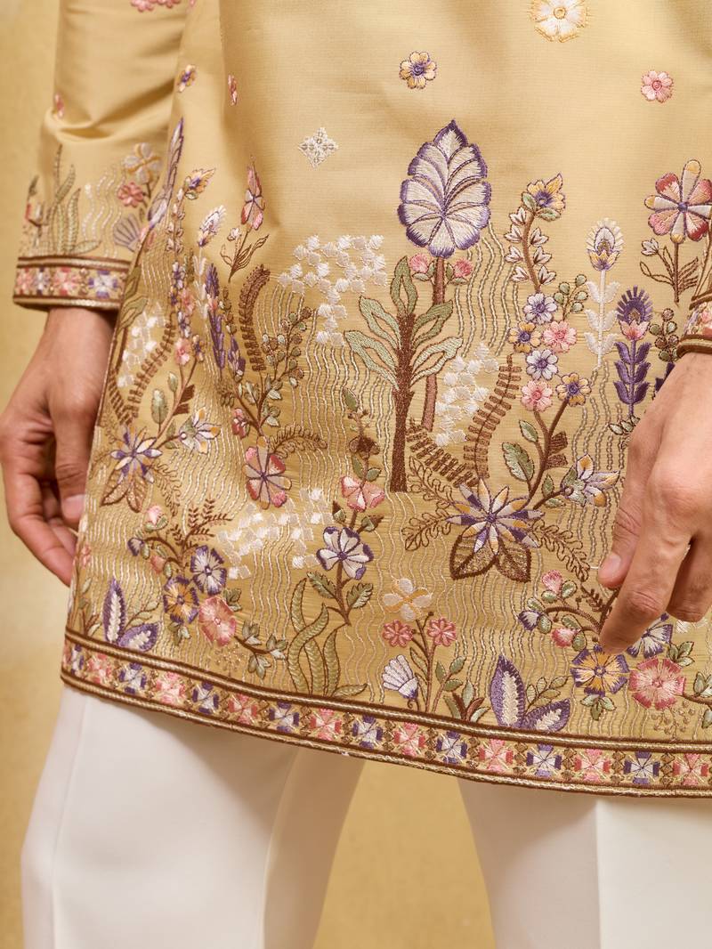 YELLOW VISCOSE SILK THREAD & SEQUINS EMBROIDERED WORK WEDDING FESTIVAL MARRIAGE PARTY WEAR STRAIGHT MENS KURTA