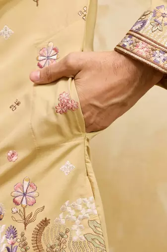 YELLOW VISCOSE SILK THREAD & SEQUINS EMBROIDERED WORK WEDDING FESTIVAL MARRIAGE PARTY WEAR STRAIGHT MENS KURTA