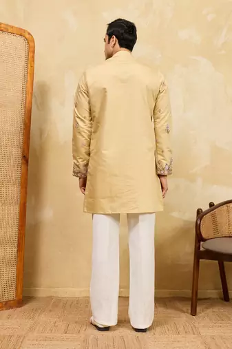YELLOW VISCOSE SILK THREAD & SEQUINS EMBROIDERED WORK WEDDING FESTIVAL MARRIAGE PARTY WEAR STRAIGHT MENS KURTA