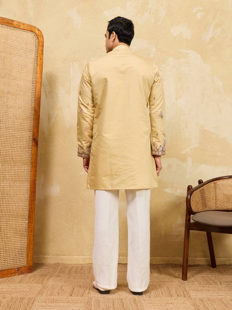YELLOW VISCOSE SILK THREAD & SEQUINS EMBROIDERED WORK WEDDING FESTIVAL MARRIAGE PARTY WEAR STRAIGHT MENS KURTA