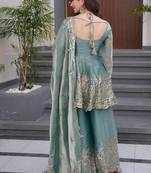 Teal Fendy Satin Silk Embroidery Work Party Wear Salwar Suit