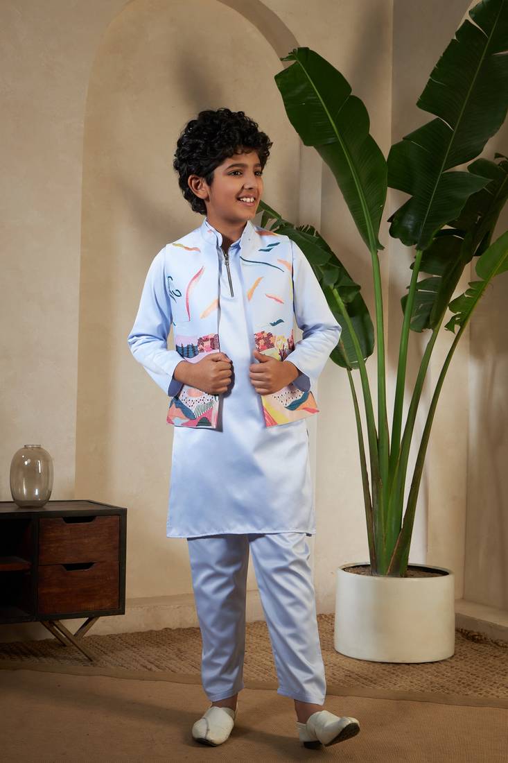Sky blue satin thead with sequins embroidered work wedding function festival party boys straight kurta pant koti