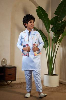 Sky blue satin thead with sequins embroidered work wedding function festival party boys straight kurta pant koti 1