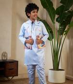 Sky blue satin thead with sequins embroidered work wedding function festival party boys straight kurta pant koti