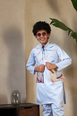 Sky blue satin thead with sequins embroidered work wedding function festival party boys straight kurta pant koti 2