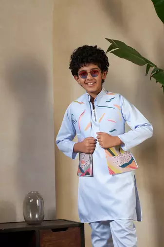 Sky blue satin thead with sequins embroidered work wedding function festival party boys straight kurta pant koti