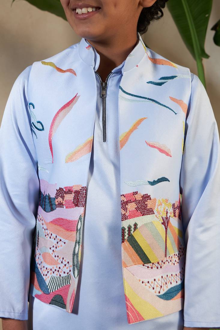 Sky blue satin thead with sequins embroidered work wedding function festival party boys straight kurta pant koti