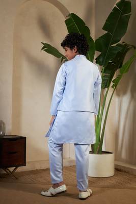 Sky blue satin thead with sequins embroidered work wedding function festival party boys straight kurta pant koti 4