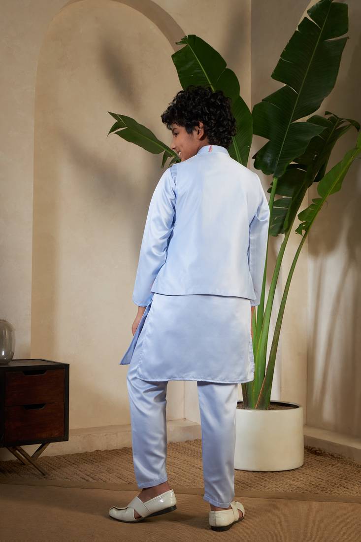 Sky blue satin thead with sequins embroidered work wedding function festival party boys straight kurta pant koti