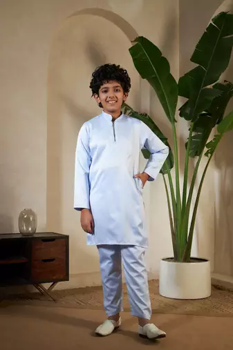 Sky blue satin thead with sequins embroidered work wedding function festival party boys straight kurta pant koti
