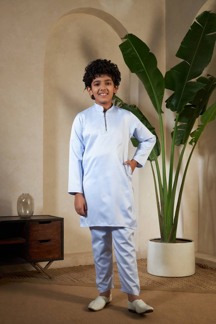 Sky blue satin thead with sequins embroidered work wedding function festival party boys straight kurta pant koti