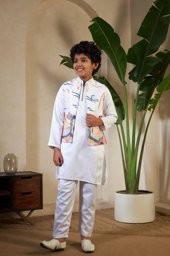 White satin thead with sequins embroidered work wedding function festival party boys straight kurta pant koti