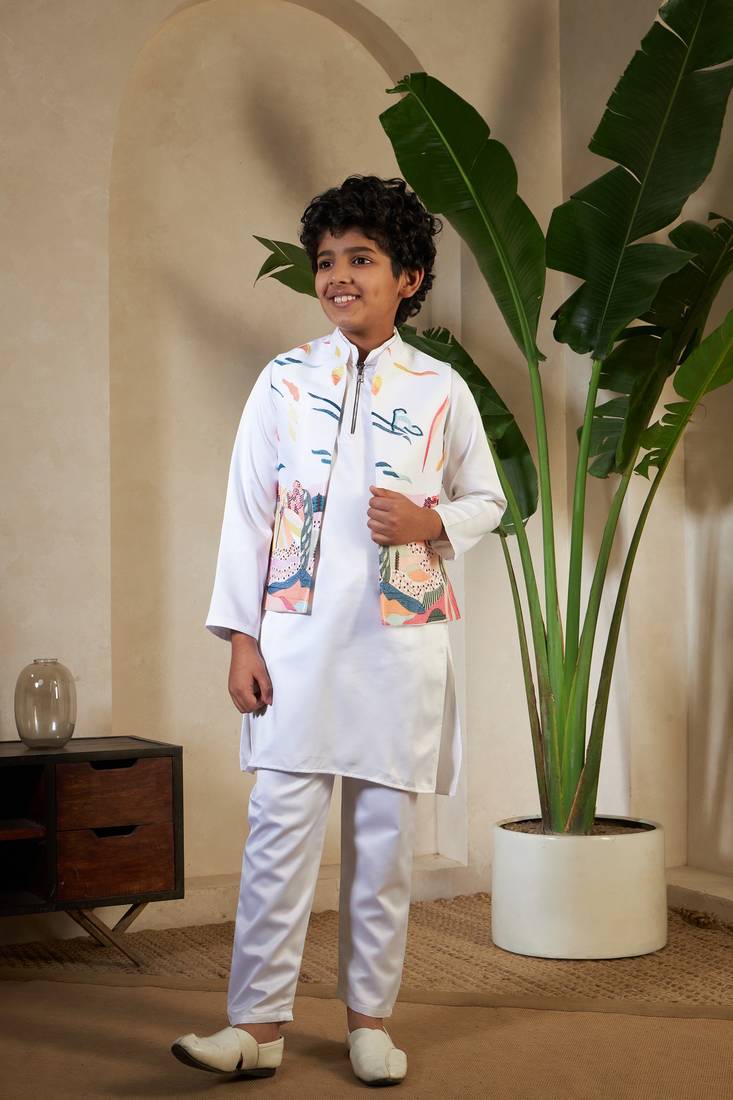 White satin thead with sequins embroidered work wedding function festival party boys straight kurta pant koti
