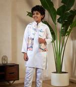 White satin thead with sequins embroidered work wedding function festival party boys straight kurta pant koti