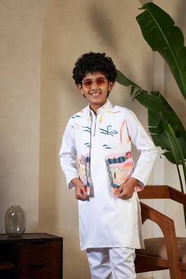 White satin thead with sequins embroidered work wedding function festival party boys straight kurta pant koti 2