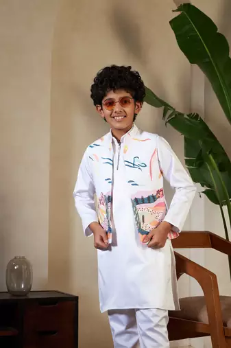 White satin thead with sequins embroidered work wedding function festival party boys straight kurta pant koti