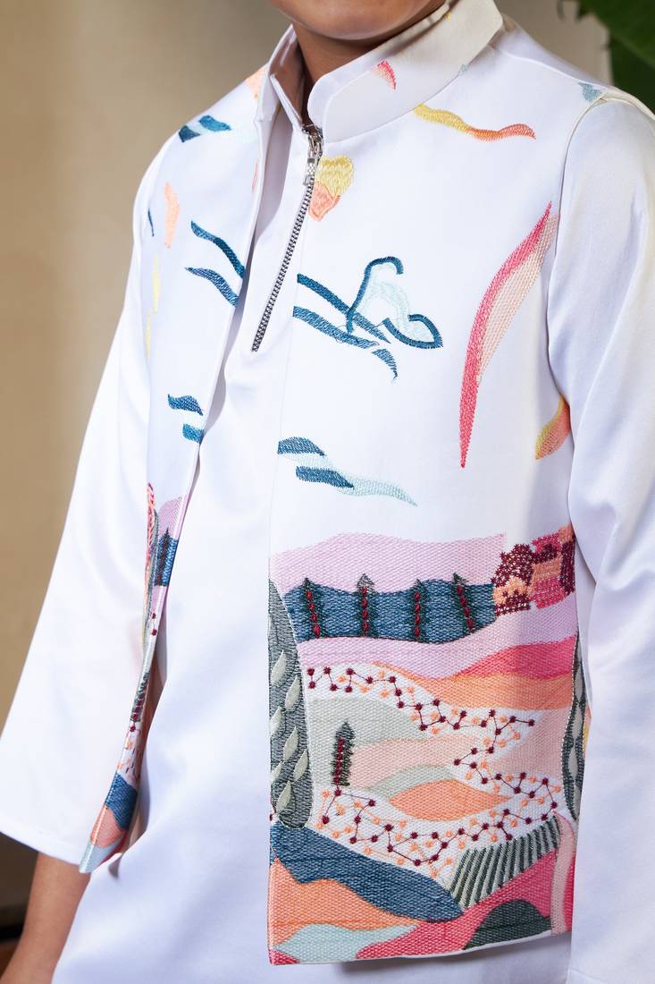 White satin thead with sequins embroidered work wedding function festival party boys straight kurta pant koti