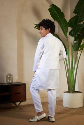 White satin thead with sequins embroidered work wedding function festival party boys straight kurta pant koti 4