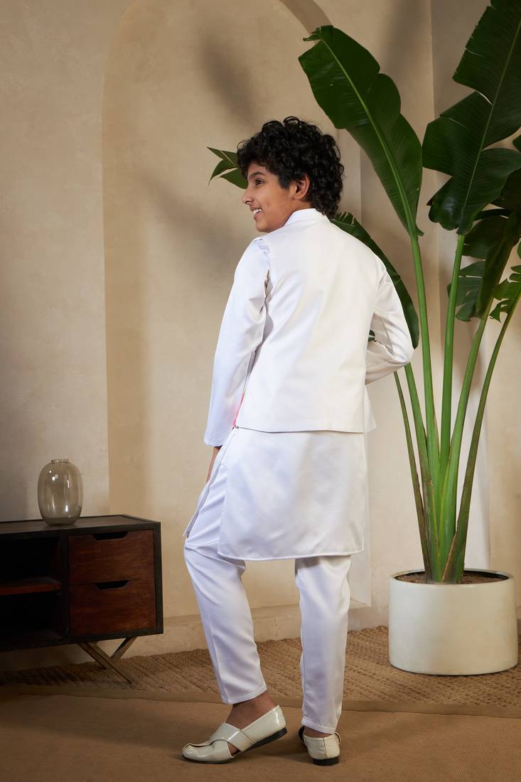White satin thead with sequins embroidered work wedding function festival party boys straight kurta pant koti