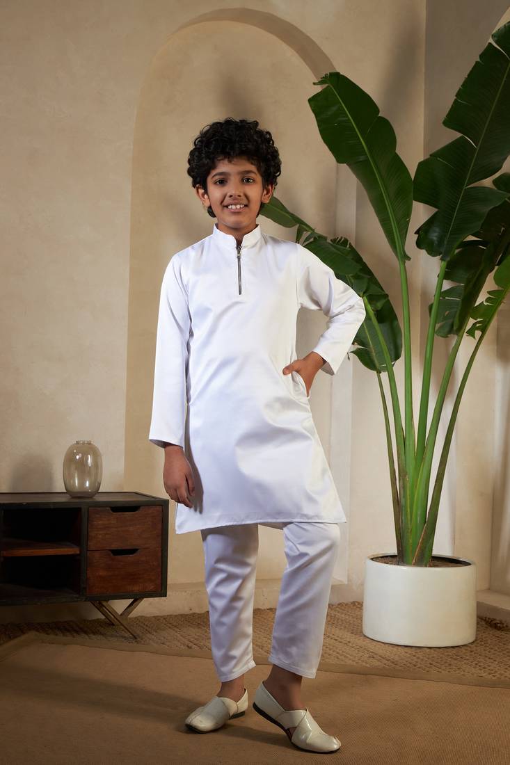 White satin thead with sequins embroidered work wedding function festival party boys straight kurta pant koti