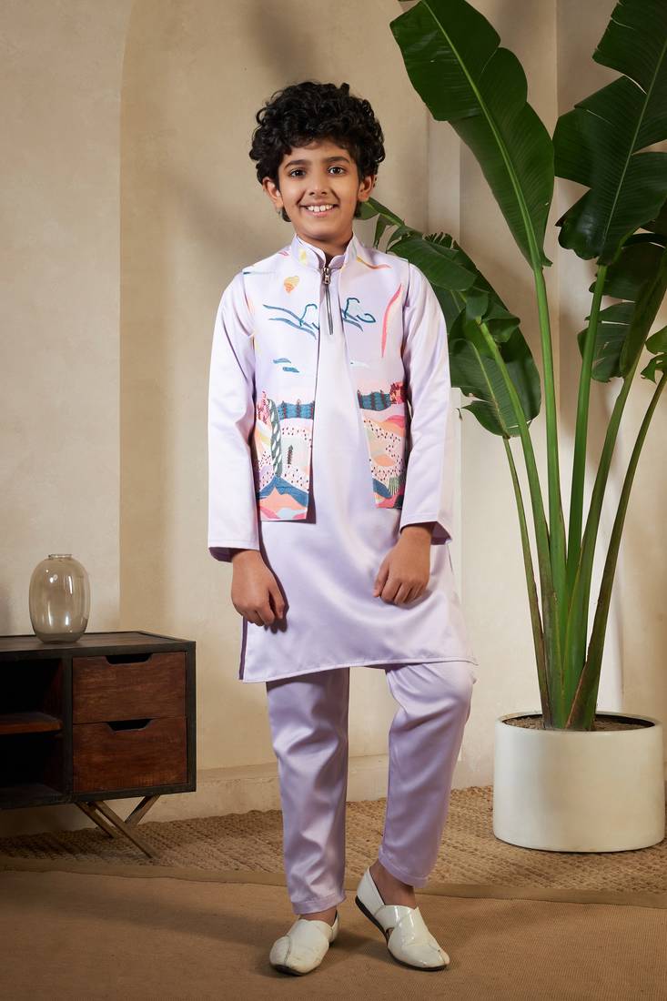 Lavender satin thead with sequins embroidered work wedding function festival party boys straight kurta pant koti