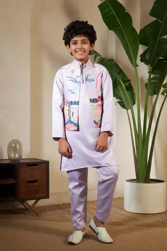 Lavender satin thead with sequins embroidered work wedding function festival party boys straight kurta pant koti