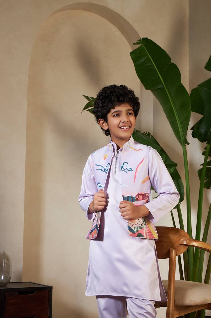 Lavender satin thead with sequins embroidered work wedding function festival party boys straight kurta pant koti