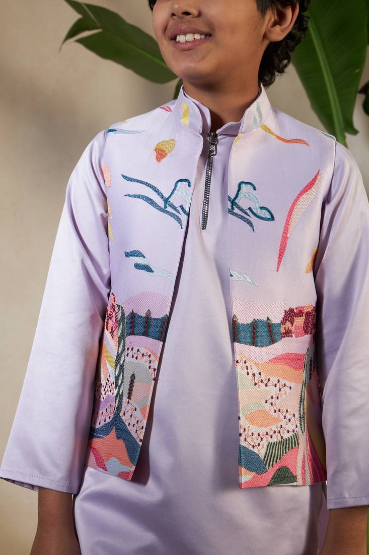 Lavender satin thead with sequins embroidered work wedding function festival party boys straight kurta pant koti