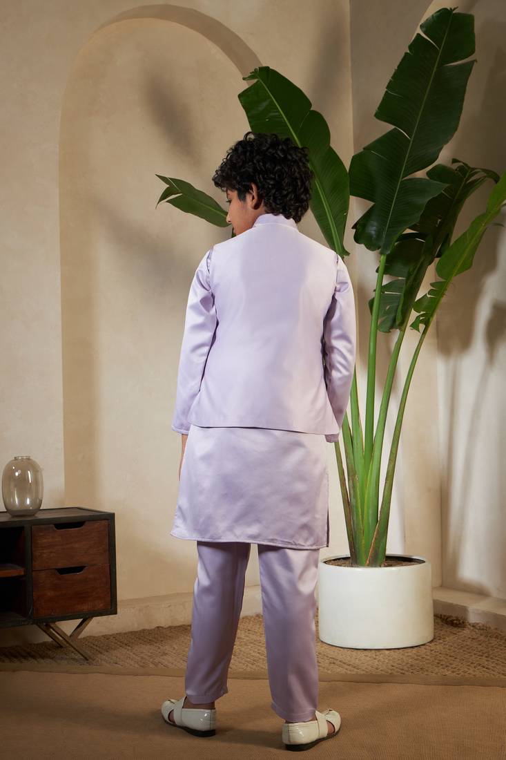 Lavender satin thead with sequins embroidered work wedding function festival party boys straight kurta pant koti