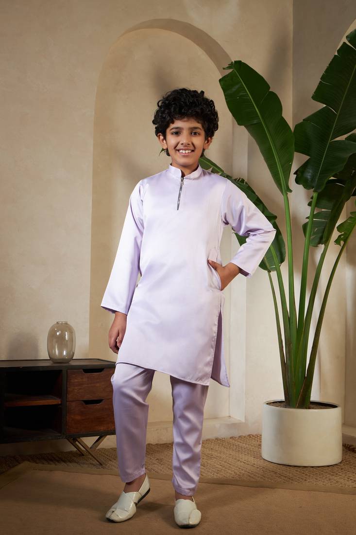 Lavender satin thead with sequins embroidered work wedding function festival party boys straight kurta pant koti
