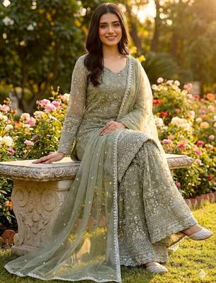 sage green silk blend floral embroidered sharara 2