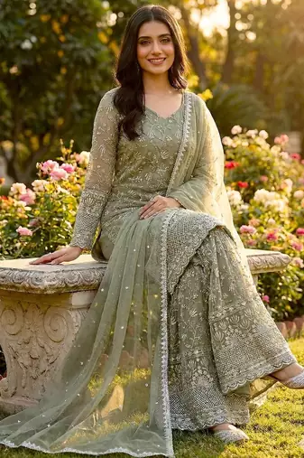 sage green silk blend floral embroidered sharara