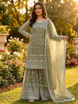 sage green silk blend floral embroidered sharara 1