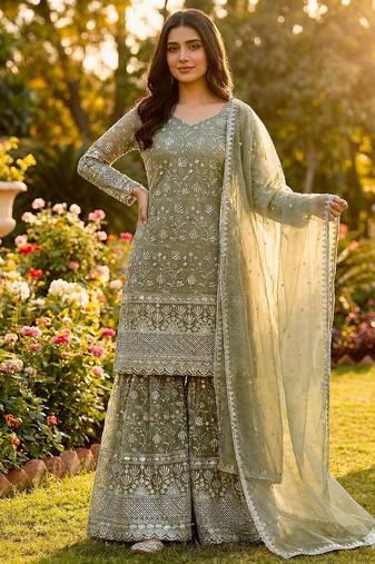 sage green silk blend floral embroidered sharara