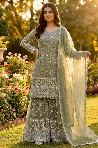 sage green silk blend floral embroidered sharara