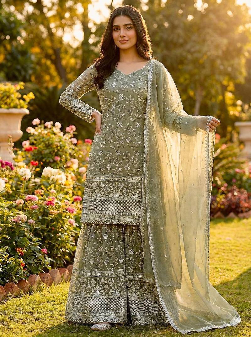 sage green silk blend floral embroidered sharara