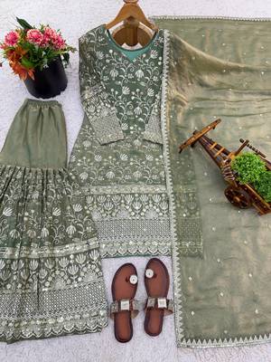 sage green silk blend floral embroidered sharara 3