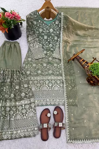 sage green silk blend floral embroidered sharara