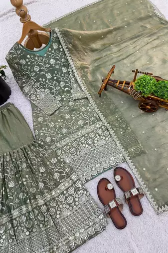 sage green silk blend floral embroidered sharara