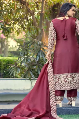 deep maroon silk blend pearl-work salwar kameez