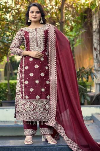 deep maroon silk blend pearl-work salwar kameez