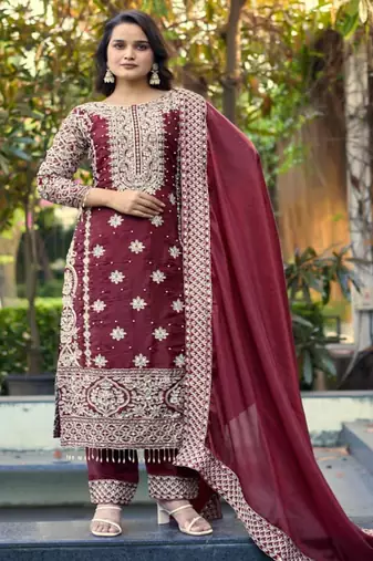 deep maroon silk blend pearl-work salwar kameez
