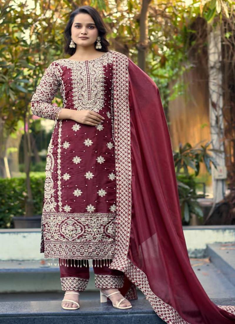 Gmy silk deep maroon pearl-work salwar kameez