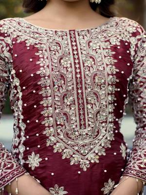deep maroon silk blend pearl-work salwar kameez 4