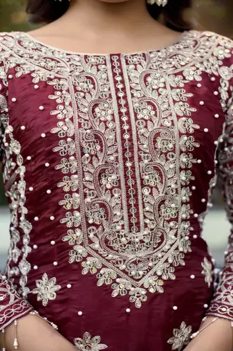 deep maroon silk blend pearl-work salwar kameez