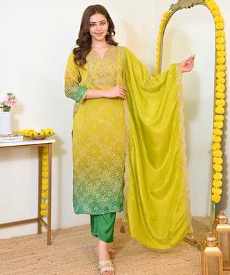 chinon yellow and green bandhani print suit 1