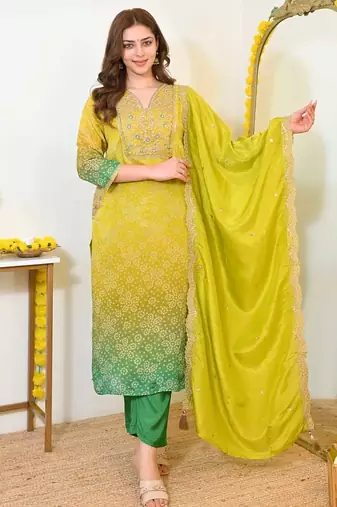chinon yellow and green bandhani print suit