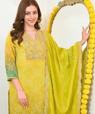 chinon yellow and green bandhani print suit 2